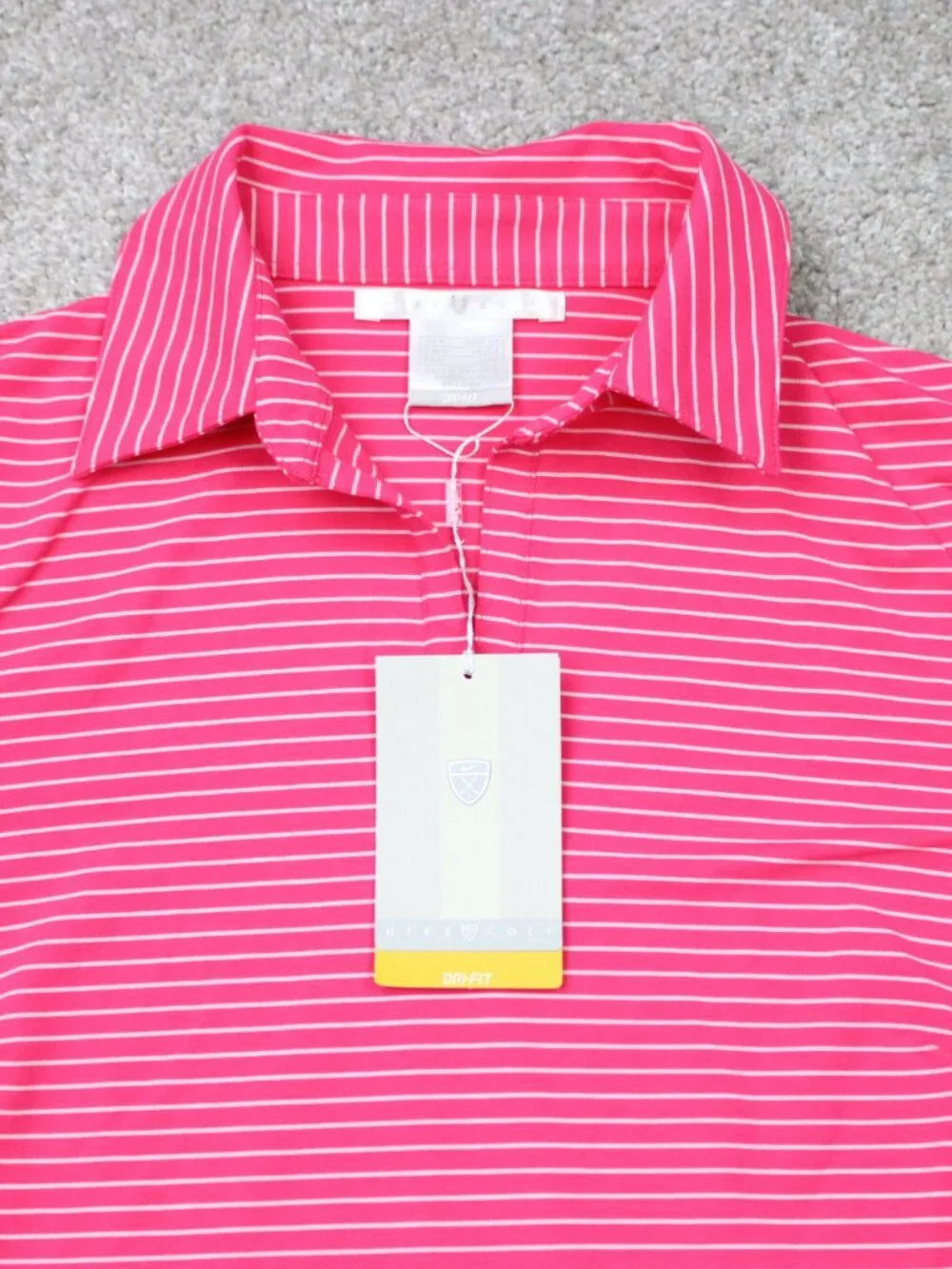 Nike Polo Shirt NWT Womens Medium Pink/White Striped Dri-Fit Golf Short Sleeve